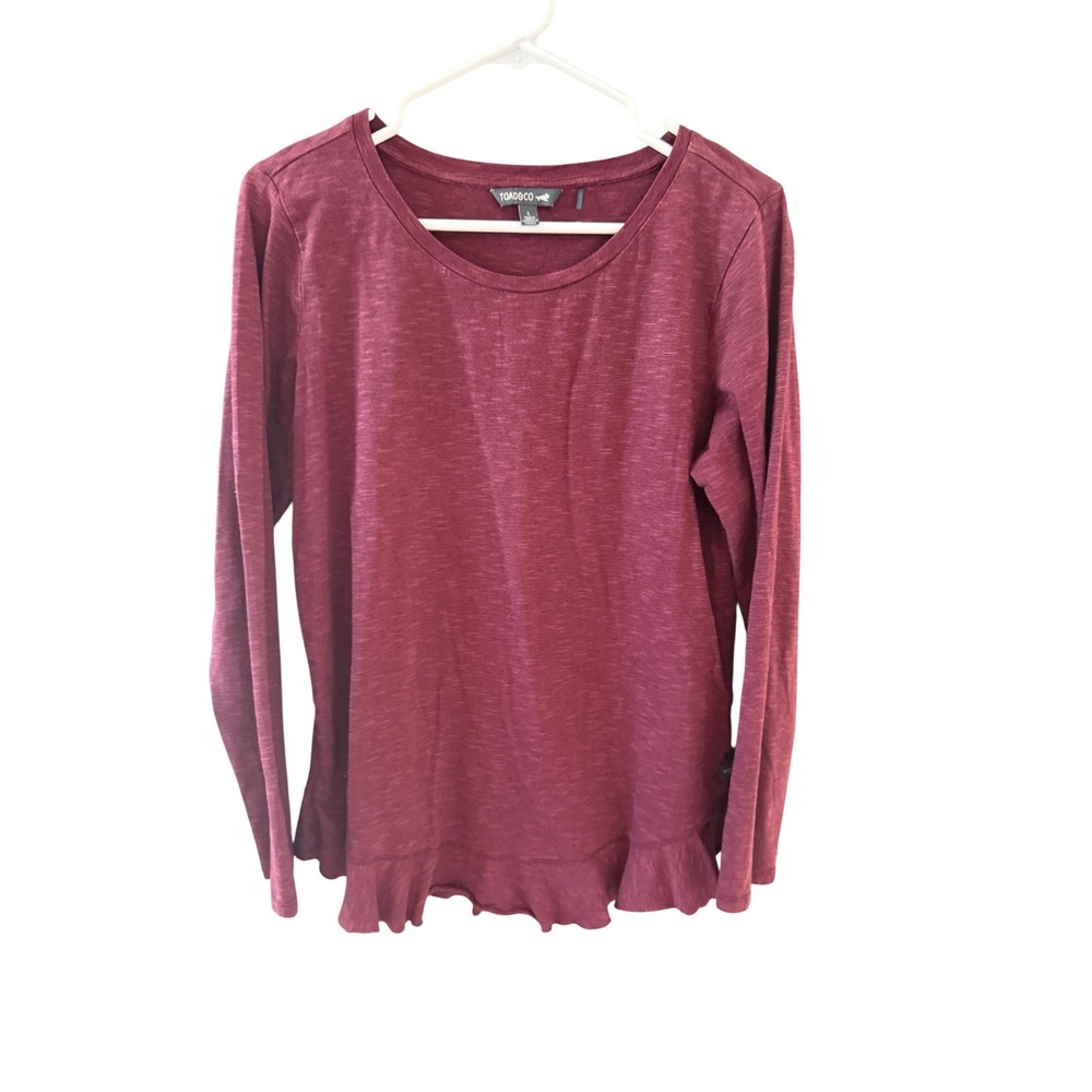 Toad&Co Womens Burgundy Ruffle Hem Long‎ Sleeve Tencel Organic Cotton Top Size L